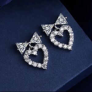 Sterling Silver Heart Bow Stud Earrings Women Jewelry Gift